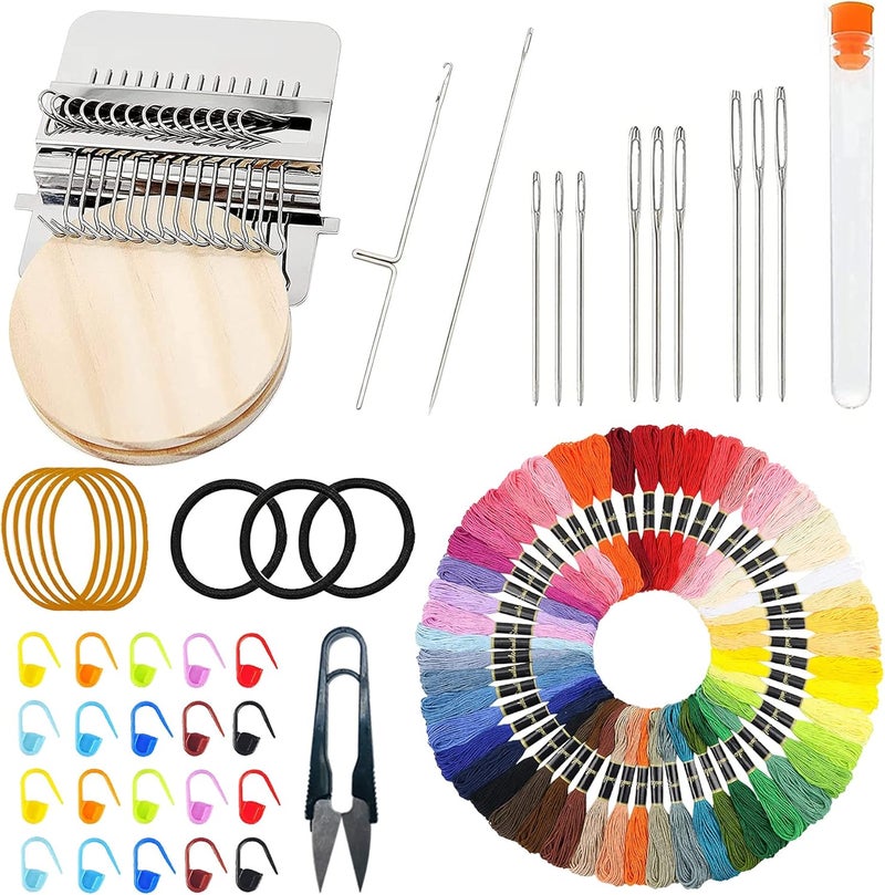 Allazone Small Darning Weaving Loom Darning Loom, 14 Hooks Type Weave Tool Small Weaving Loom Machine with 50 Color Darning Threads for DIY Artful Patterns, Repair Clothes - Image 1